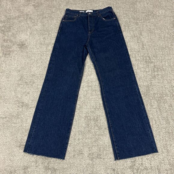 Mango MNG Nora Wide Leg Jeans Womens 8 Raw Hem Button Fly Blue Denim - Picture 1 of 9